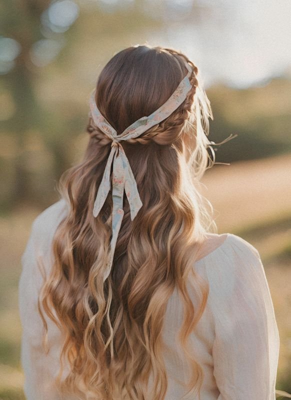 Back view of a woman with long hair styled in braids and a floral scarf in a sunlit field.
