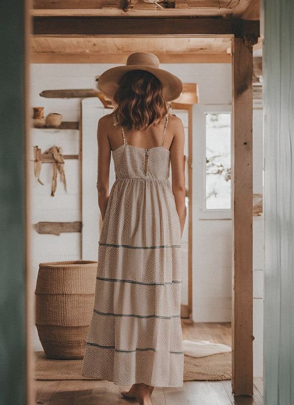 Back view of a woman in a flowy dress and sunhat, standing in a rustic, wooden interior.