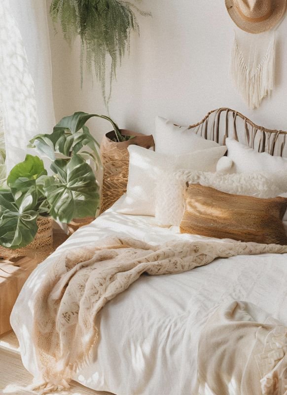 Cozy bedroom scene with plush pillows, soft blankets, and lush greenery for a serene atmosphere.