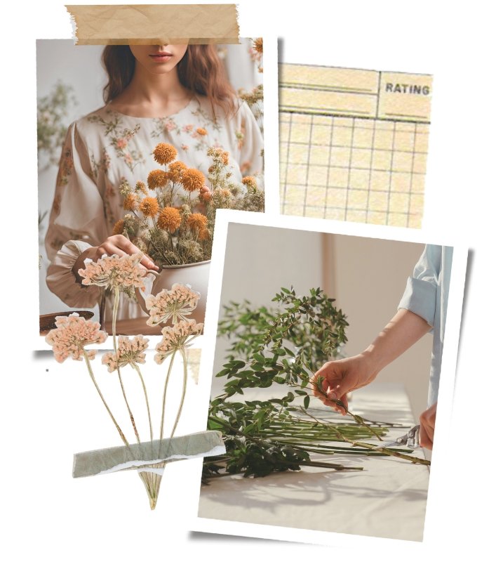 Floral arrangement and crafting process with dried flowers and vintage rating sheet.
