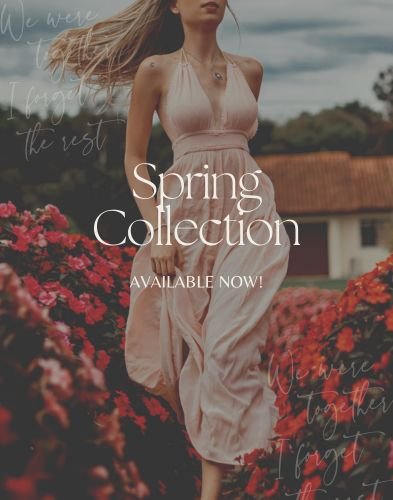 Elegant spring collection dress in a cottagecore-inspired floral garden setting, available now.